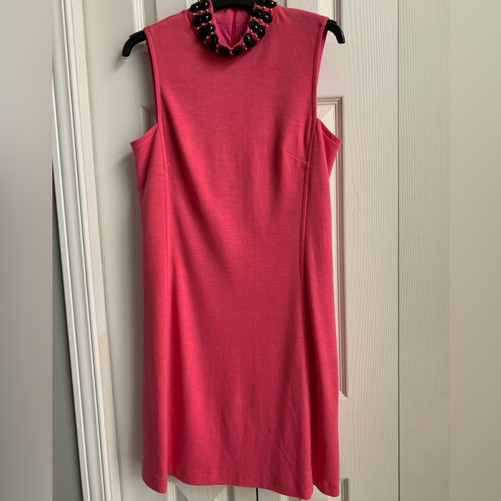Milly of New York Pink Sleeveless Sheath Dress with Mock Embellished Neck
